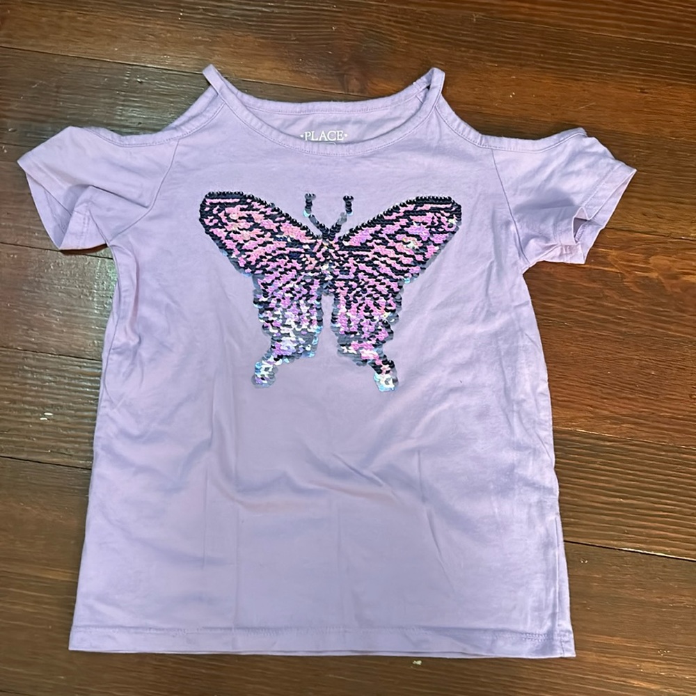Purple butterfly off the shoulder shirt